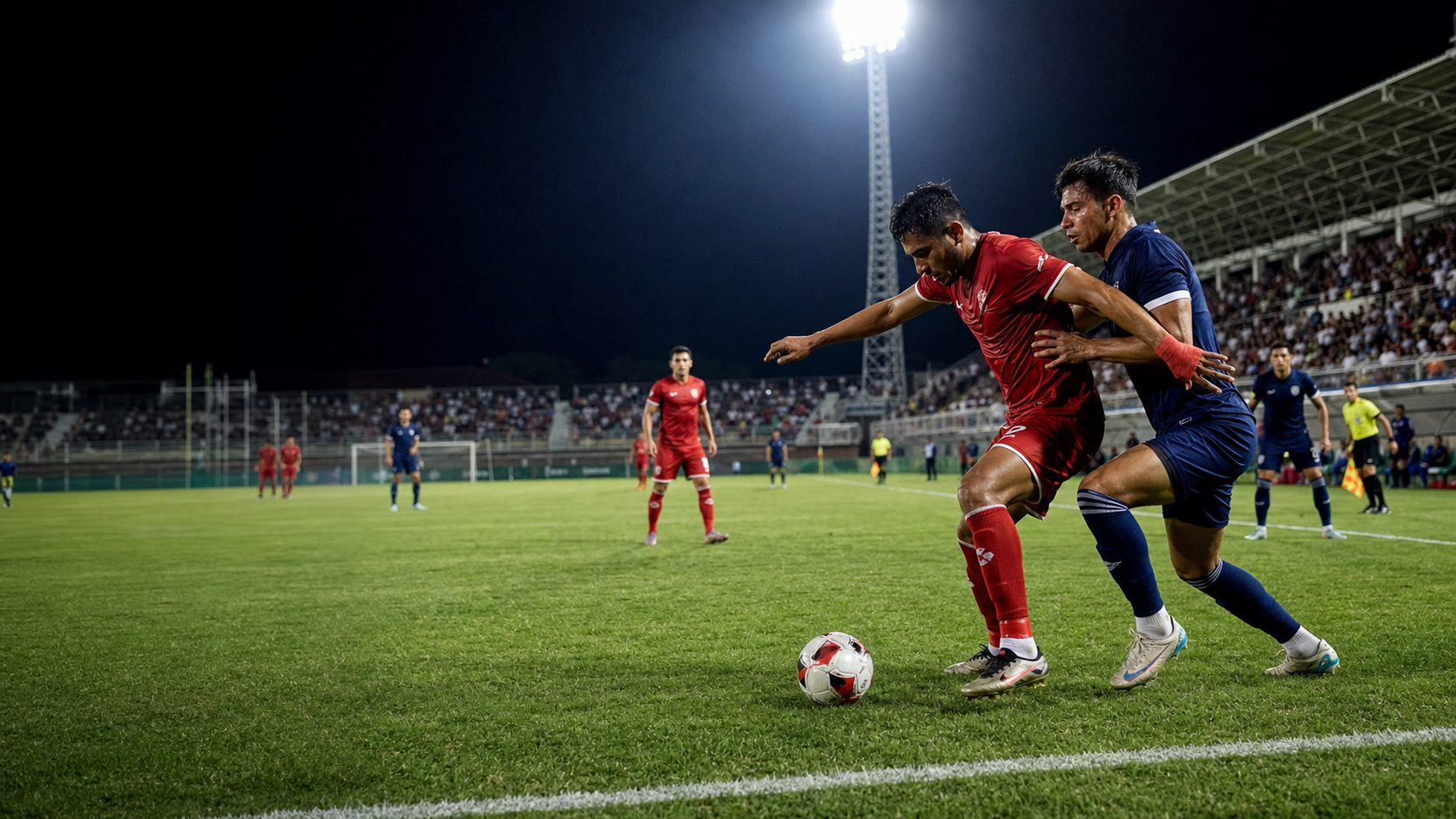 Jugadores disputando un partido nocturno de fútbol