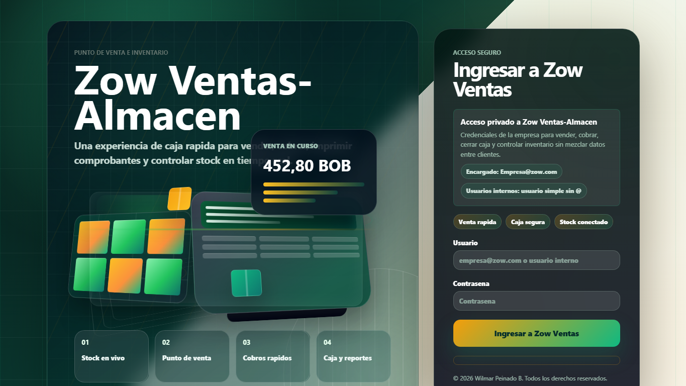 Pantalla de acceso a ZOW Ventas-Almacén