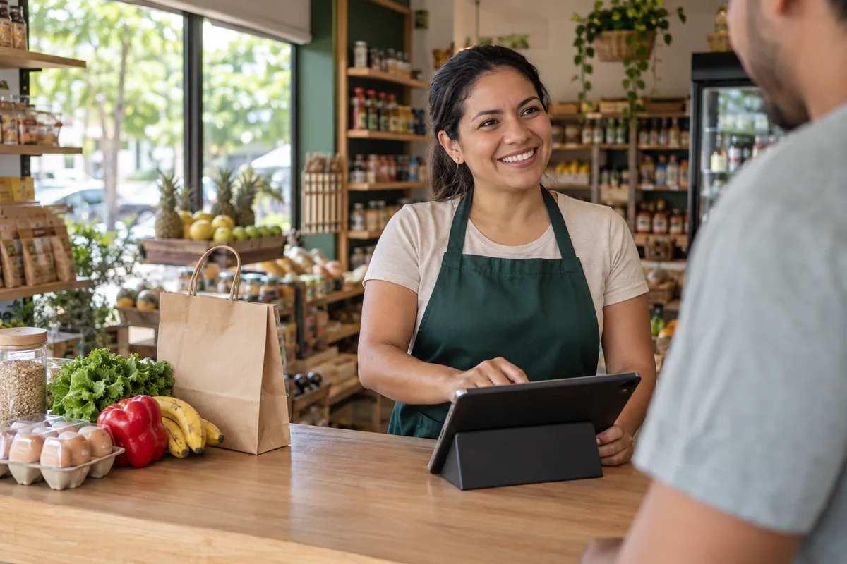 Escena ilustrativa de una comerciante atendiendo con una tablet en su tienda